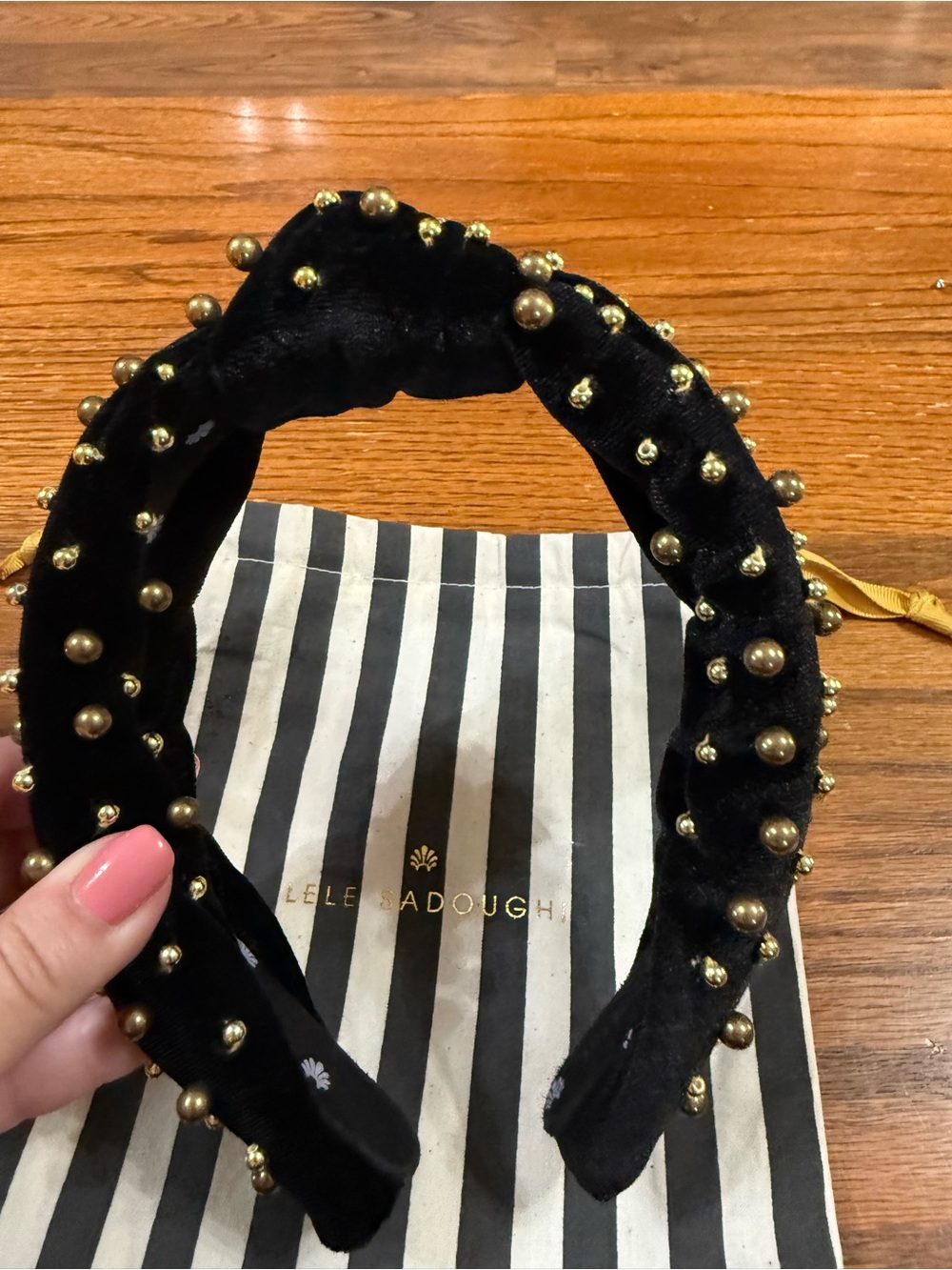 Lele Sadoughi Black Velvet Headband with Gold Studs